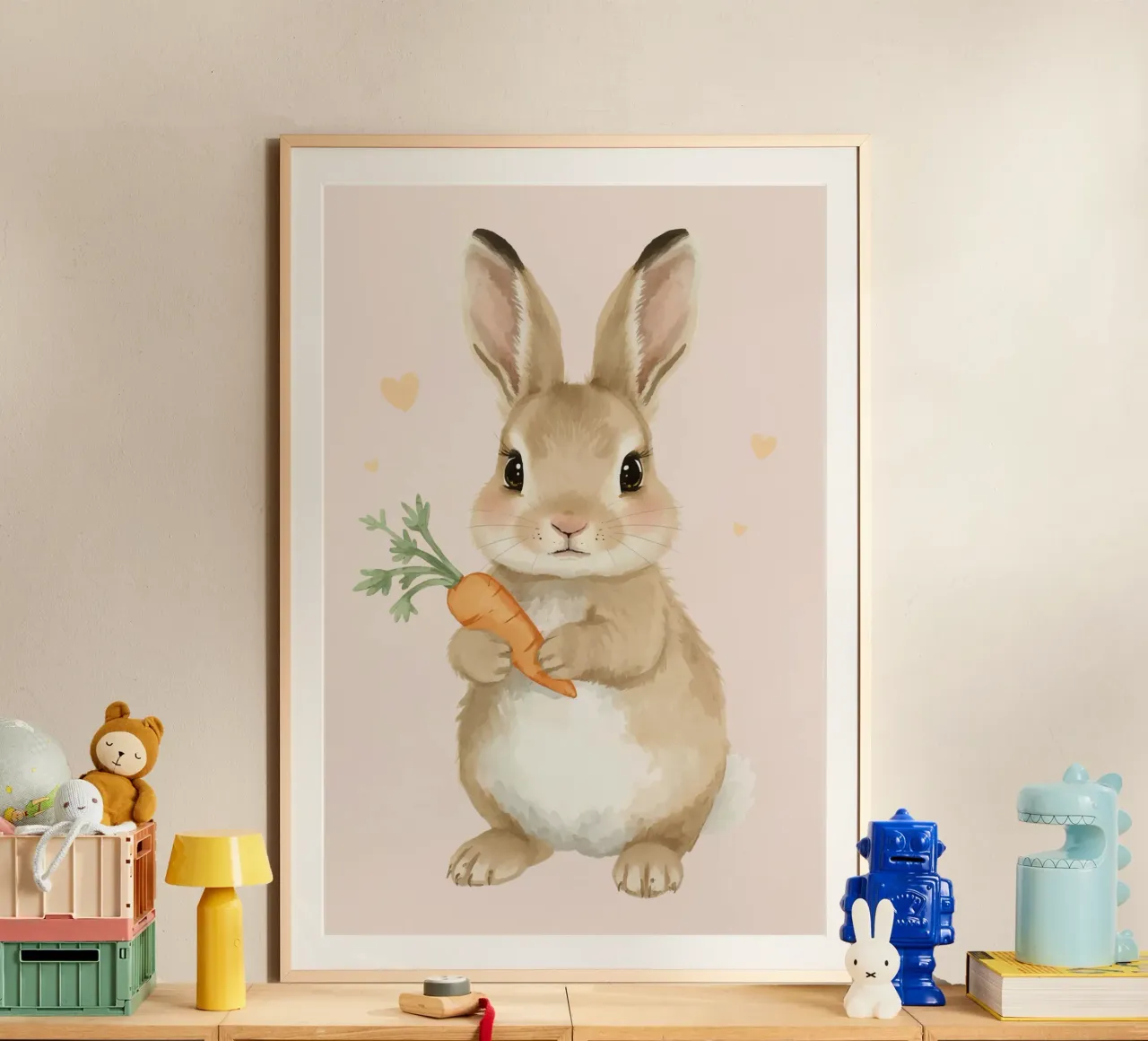 Coniglio carino con in mano una carota carta hahnemühle da DesignDoodle