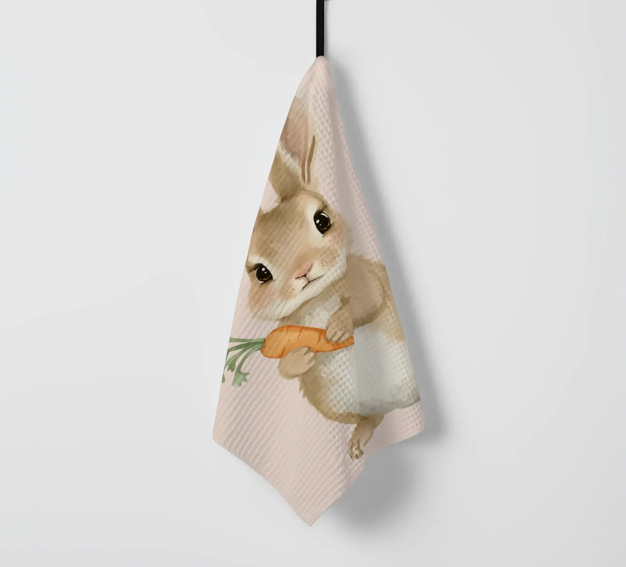 Coniglio carino con in mano una carota canovaccio da cucina da DesignDoodle