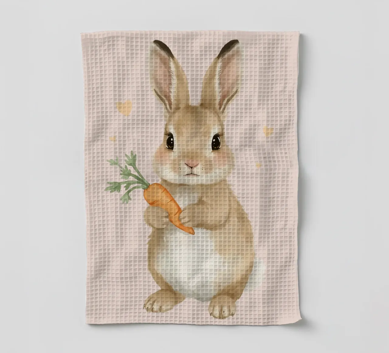 Coniglio carino con in mano una carota canovaccio da cucina da DesignDoodle