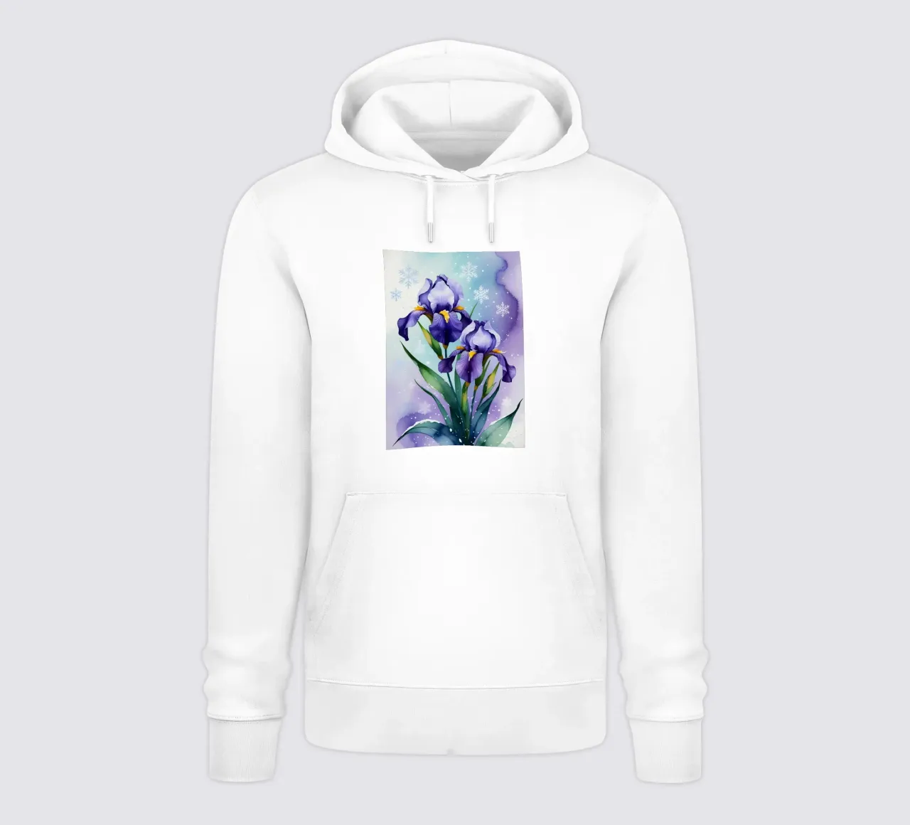 Pittura digitale di fiori di iris viola e fiocchi di neve felpa con cappuccio da Bloom And Brush