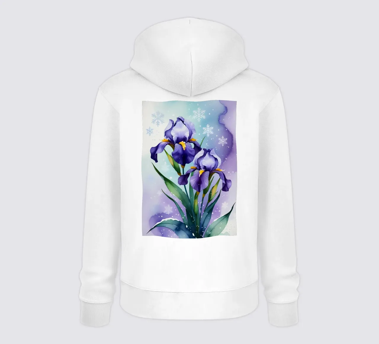 Pittura digitale di fiori di iris viola e fiocchi di neve felpa con cappuccio da Bloom And Brush