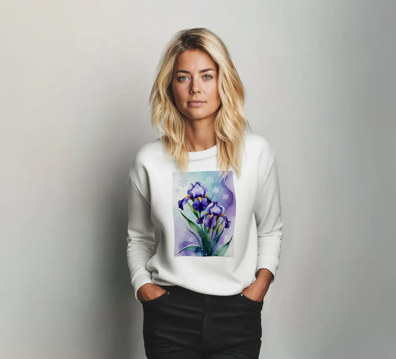 Pittura digitale di fiori di iris viola e fiocchi di neve felpa da Bloom And Brush
