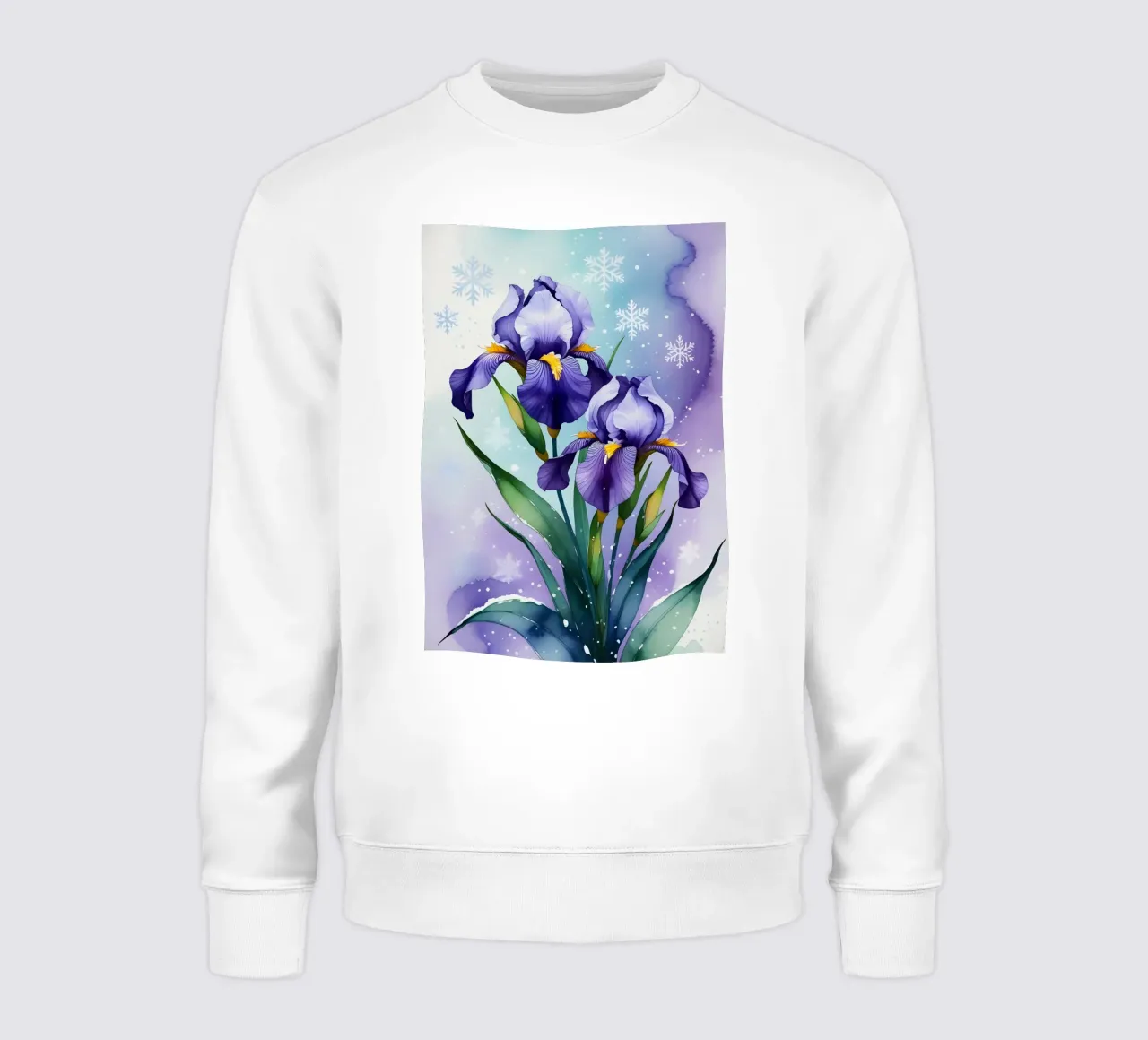 Pittura digitale di fiori di iris viola e fiocchi di neve felpa da Bloom And Brush