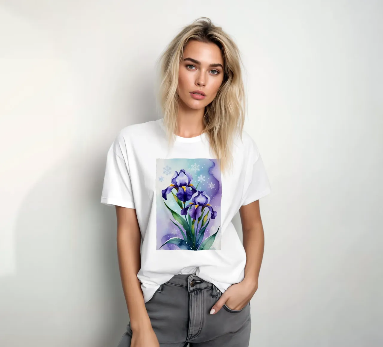 Pittura digitale di fiori di iris viola e fiocchi di neve t-shirt da Bloom And Brush