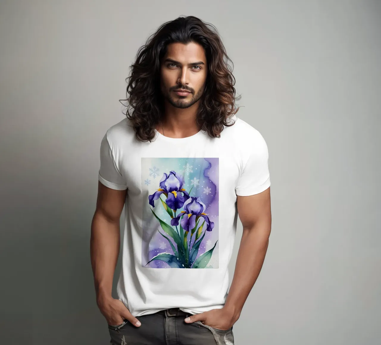 Pittura digitale di fiori di iris viola e fiocchi di neve t-shirt da Bloom And Brush