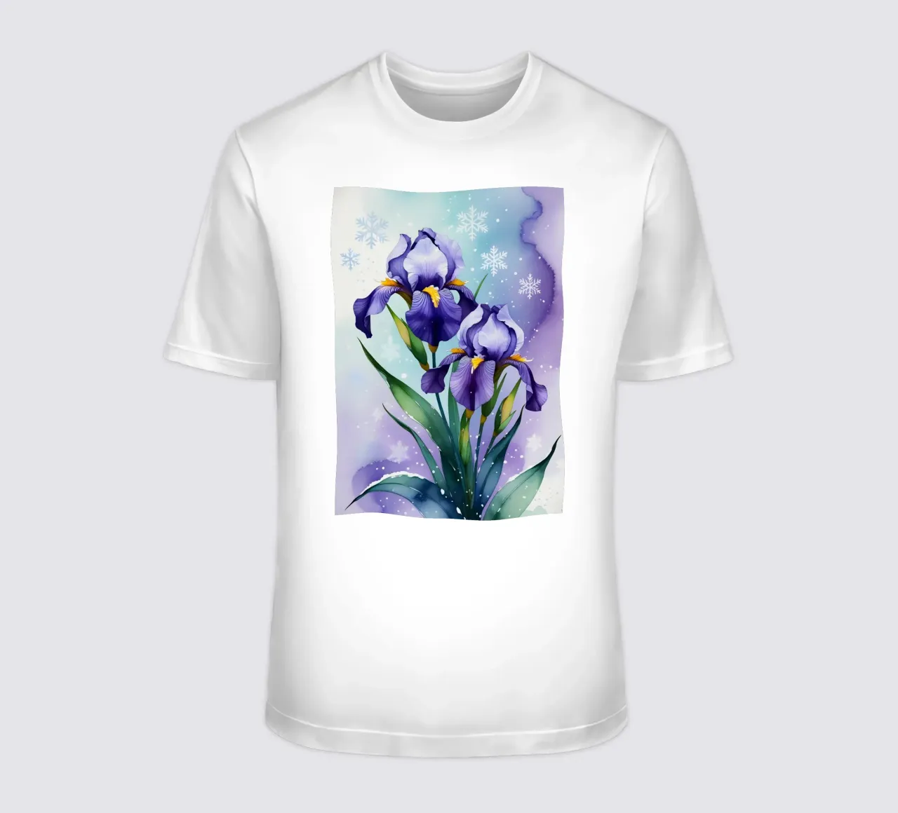Pittura digitale di fiori di iris viola e fiocchi di neve t-shirt da Bloom And Brush