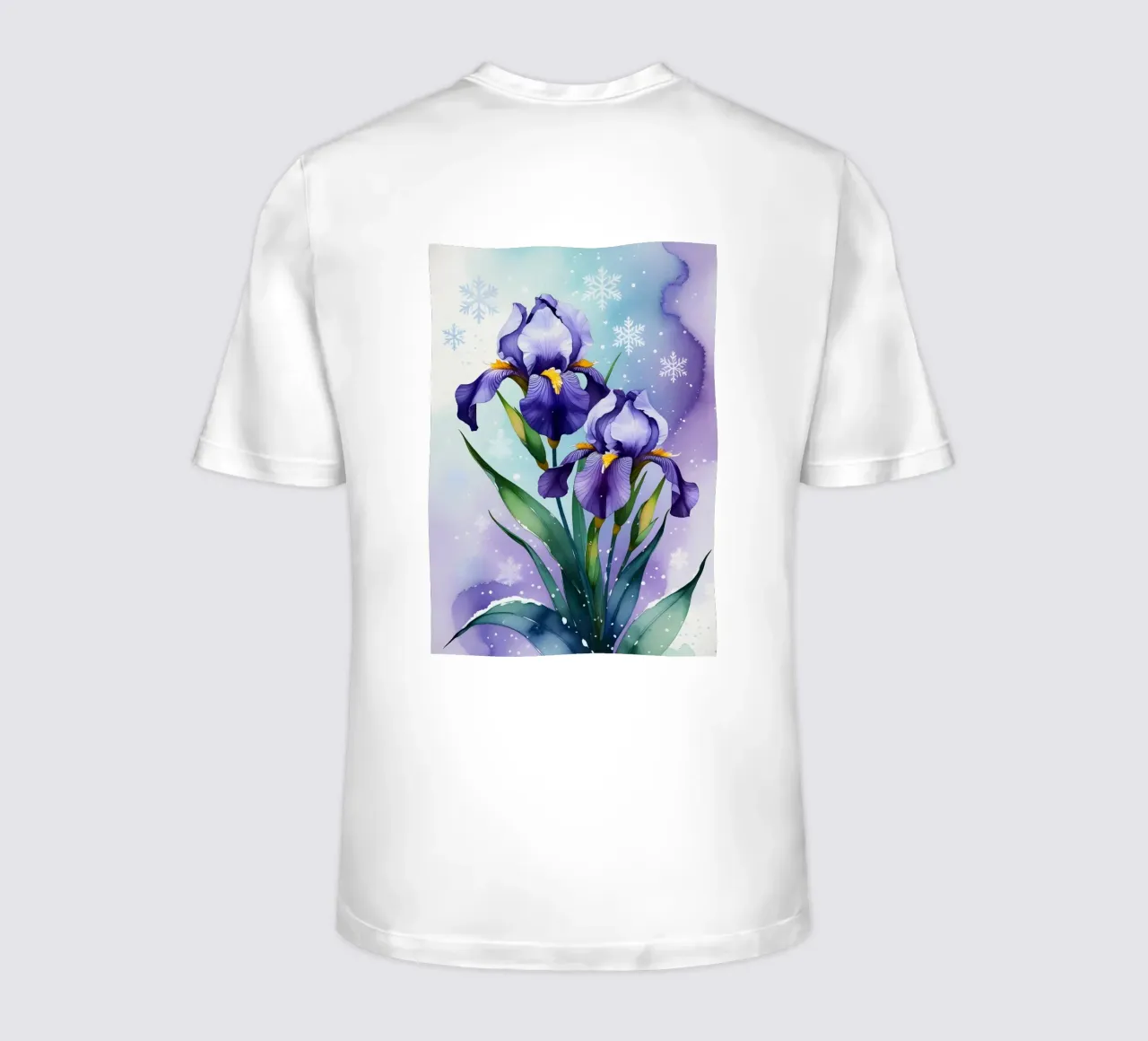 Pittura digitale di fiori di iris viola e fiocchi di neve t-shirt da Bloom And Brush