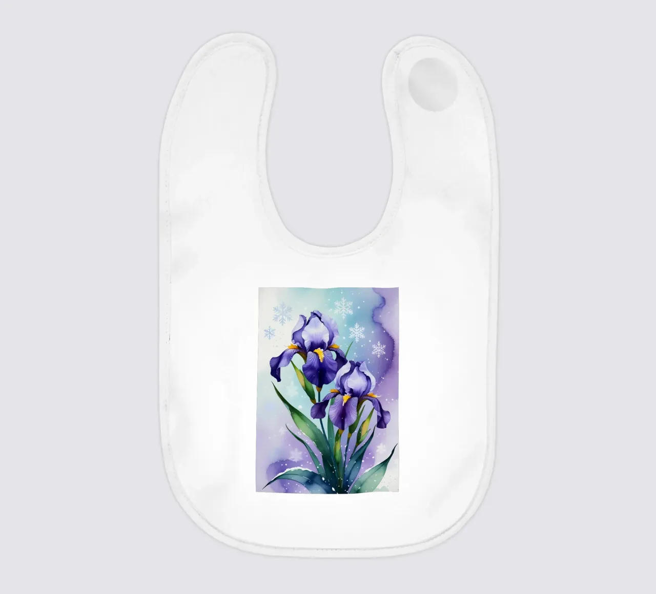 Pittura digitale di fiori di iris viola e fiocchi di neve bavaglino da Bloom And Brush