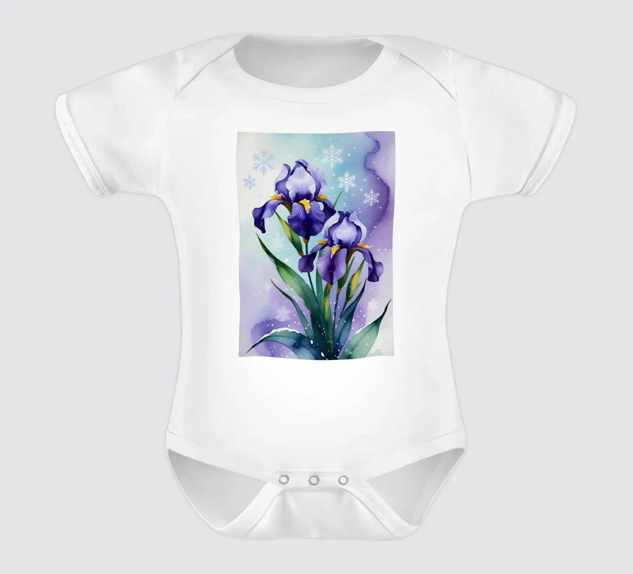 Pittura digitale di fiori di iris viola e fiocchi di neve body neonato maniche corte da Bloom And Brush