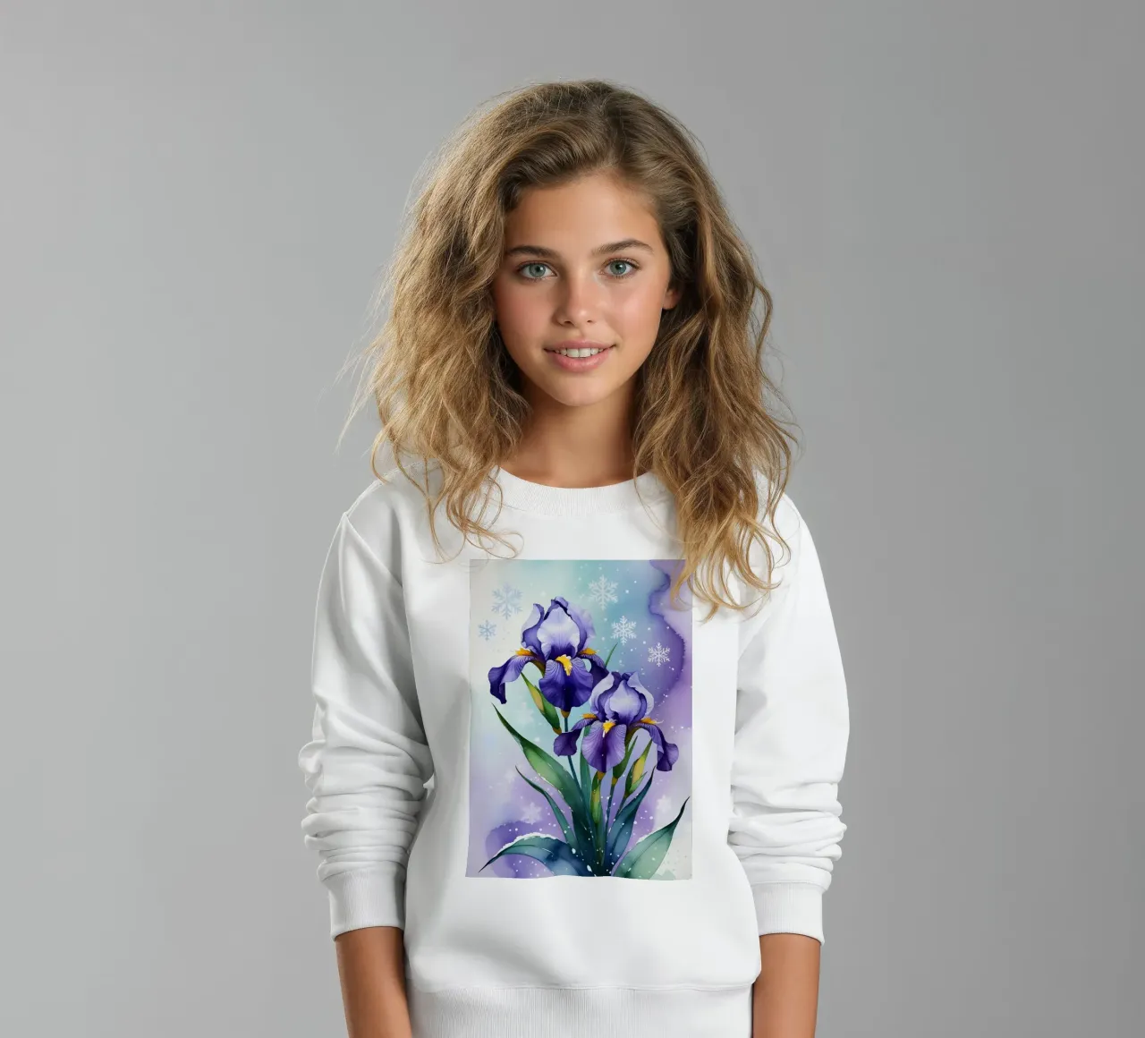 Pittura digitale di fiori di iris viola e fiocchi di neve felpa bambino da Bloom And Brush