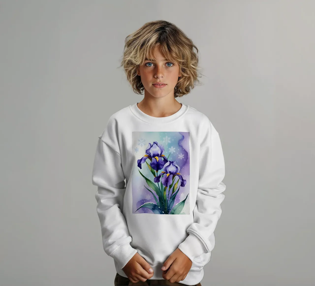 Pittura digitale di fiori di iris viola e fiocchi di neve felpa bambino da Bloom And Brush