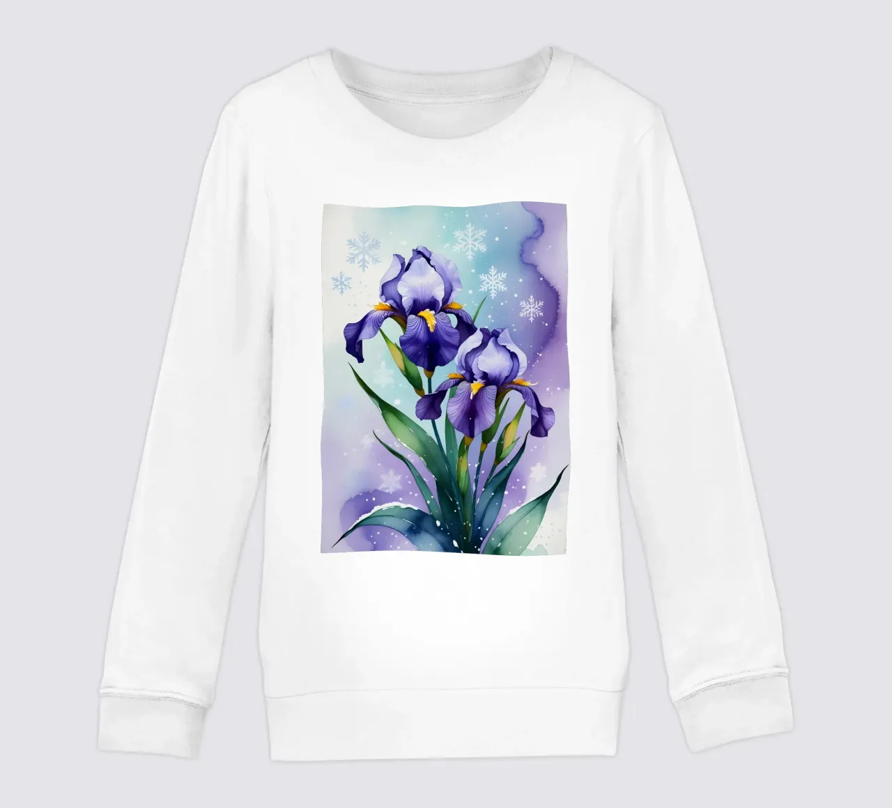 Pittura digitale di fiori di iris viola e fiocchi di neve felpa bambino da Bloom And Brush