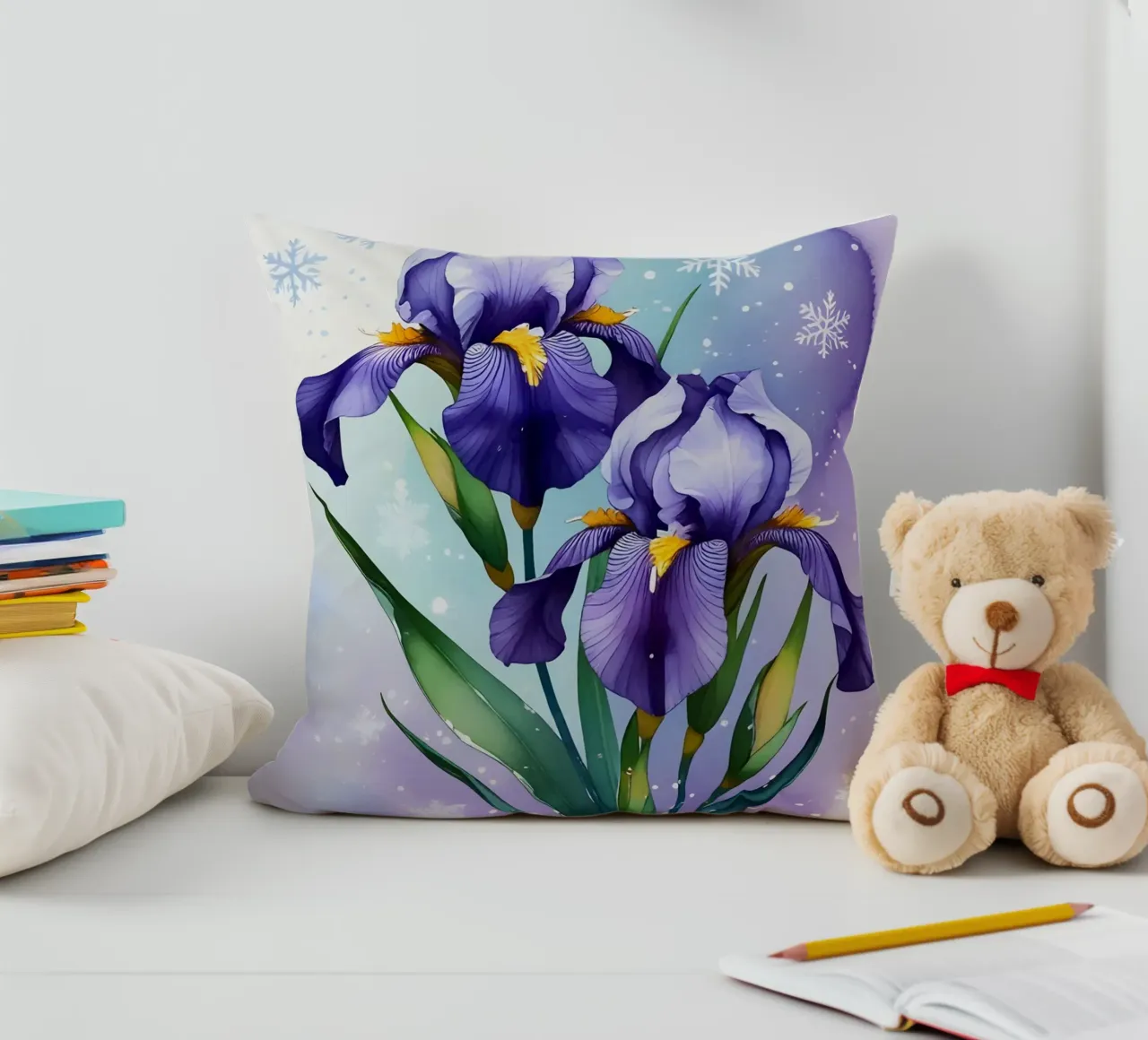Pittura digitale di fiori di iris viola e fiocchi di neve cuscino da Bloom And Brush