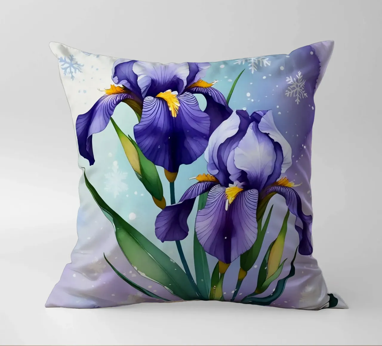 Pittura digitale di fiori di iris viola e fiocchi di neve cuscino da Bloom And Brush