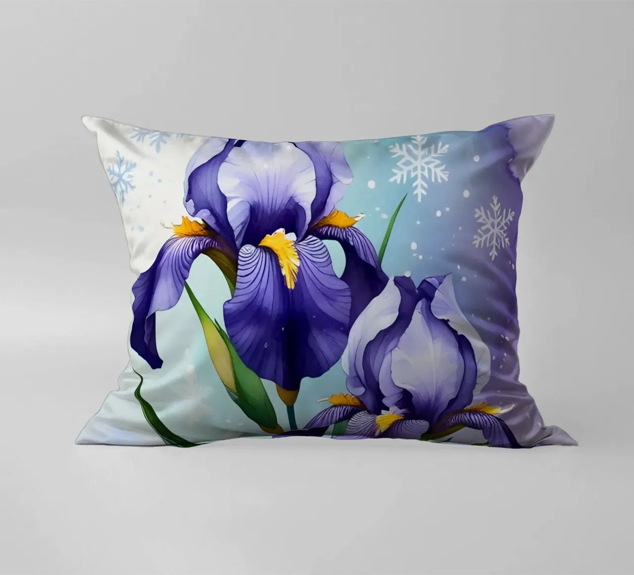 Pittura digitale di fiori di iris viola e fiocchi di neve cuscino da Bloom And Brush