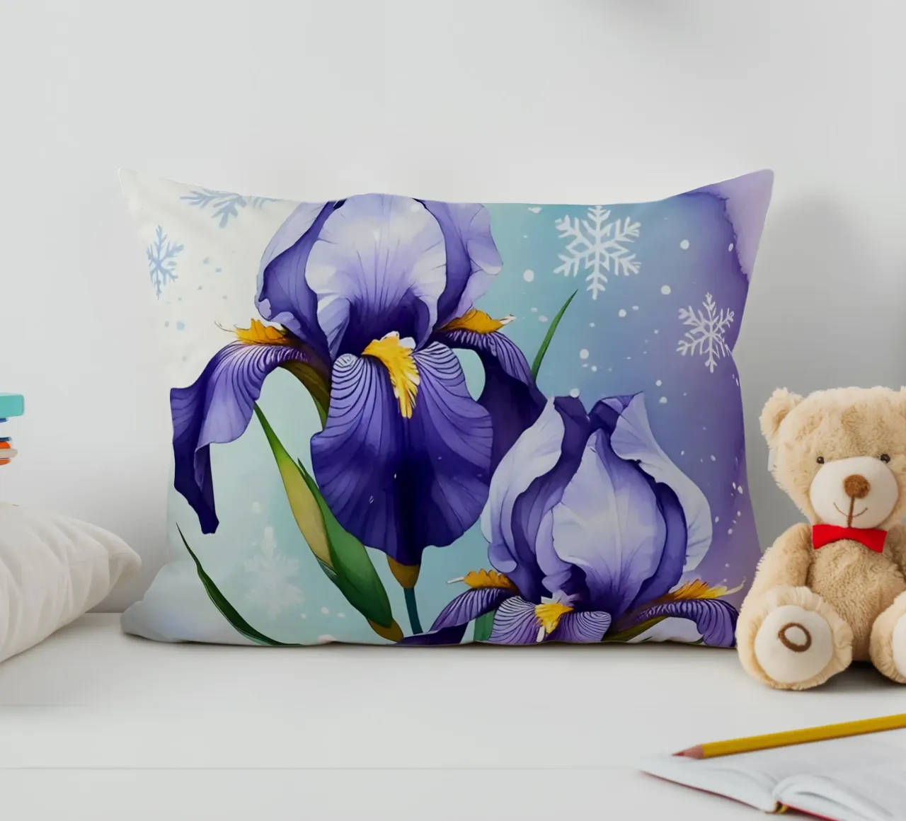 Pittura digitale di fiori di iris viola e fiocchi di neve cuscino da Bloom And Brush