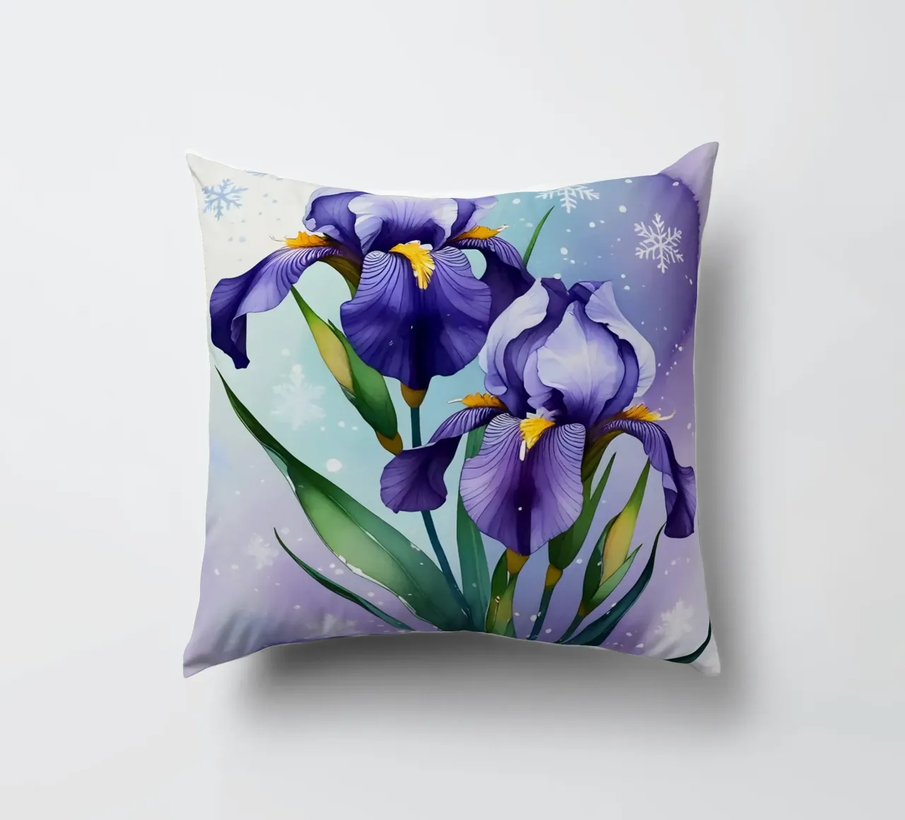 Pittura digitale di fiori di iris viola e fiocchi di neve cuscino da Bloom And Brush