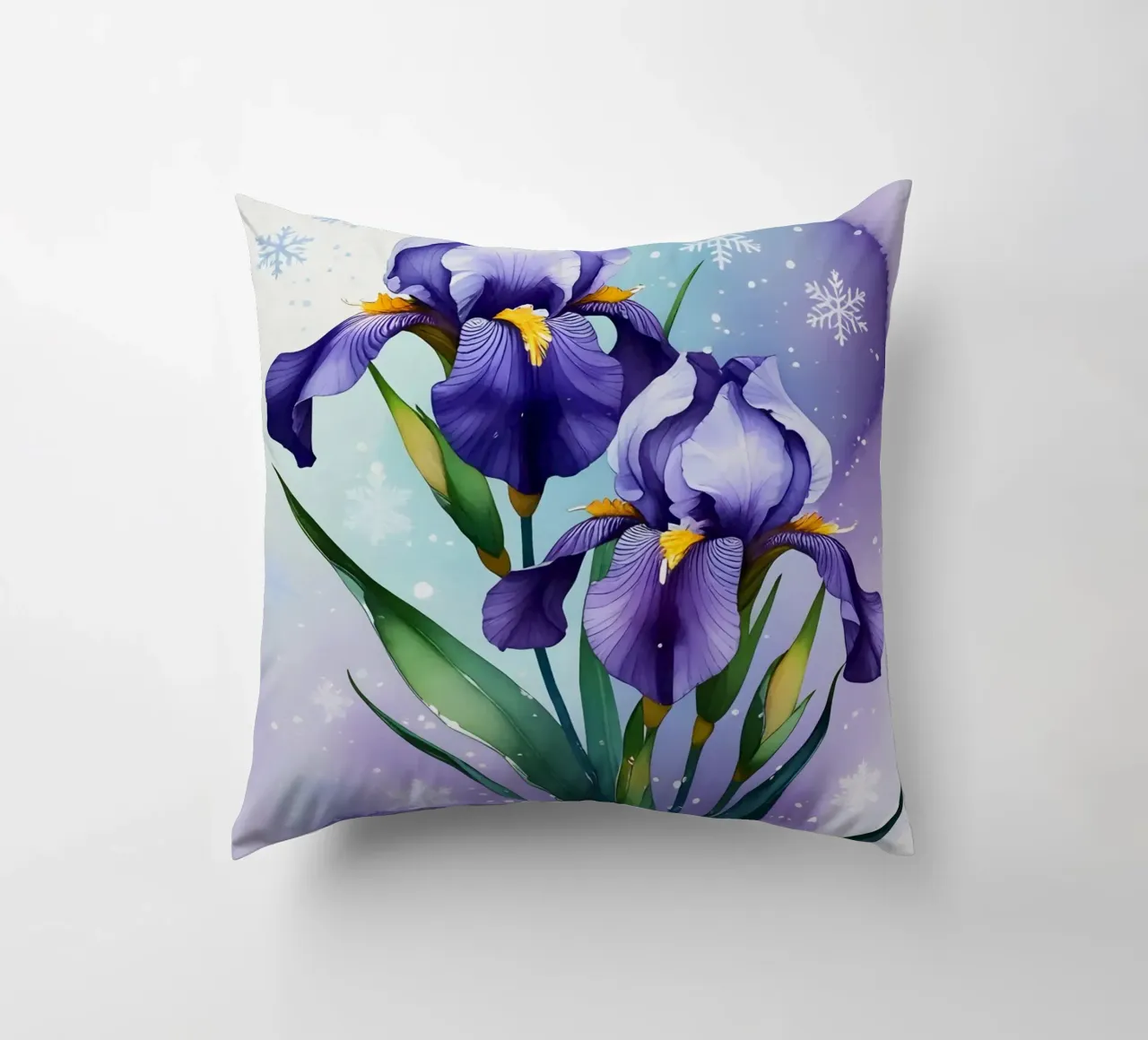 Pittura digitale di fiori di iris viola e fiocchi di neve cuscino da Bloom And Brush