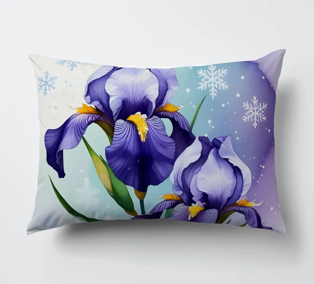 Pittura digitale di fiori di iris viola e fiocchi di neve cuscino da Bloom And Brush