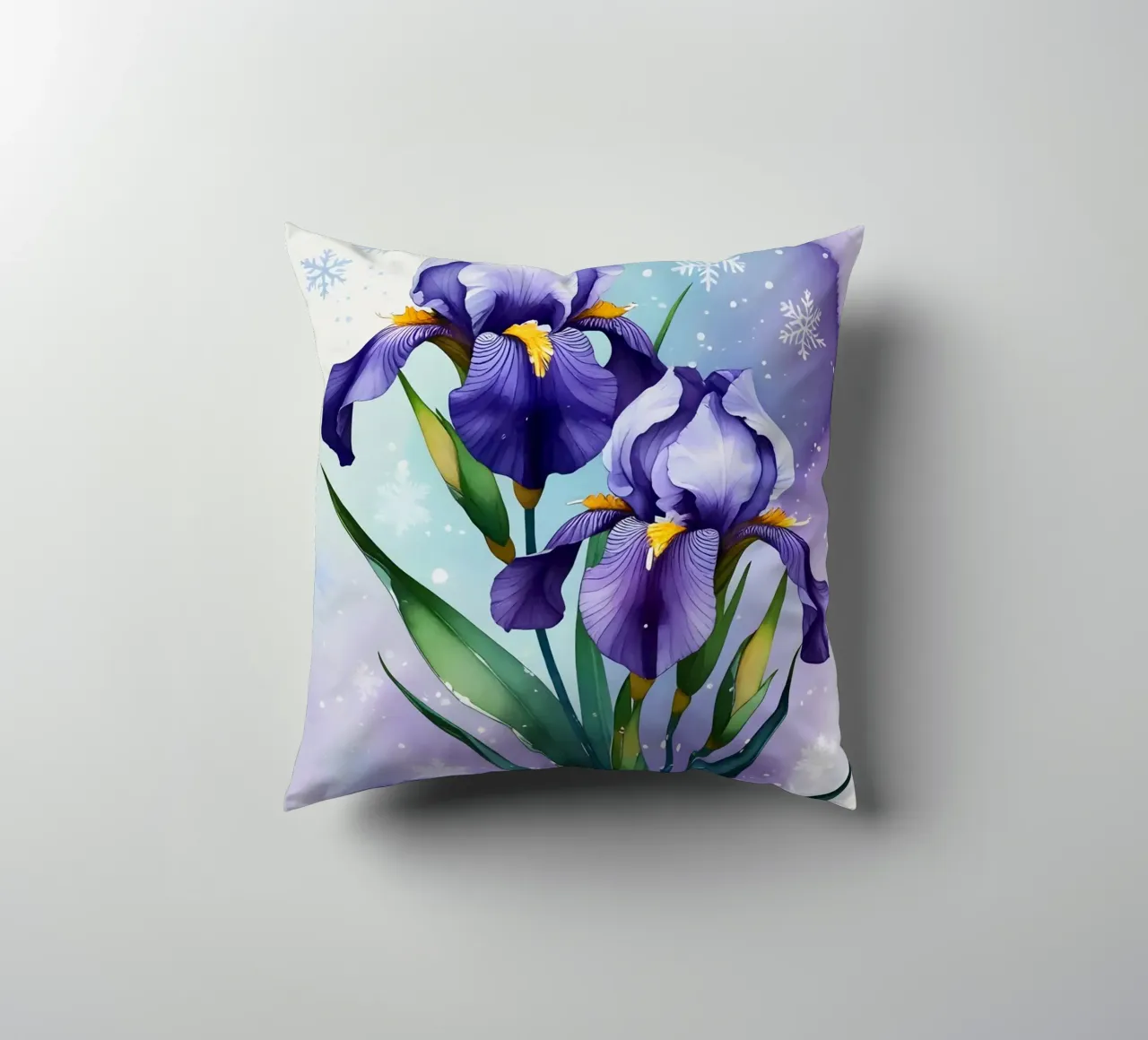 Pittura digitale di fiori di iris viola e fiocchi di neve cuscino da Bloom And Brush