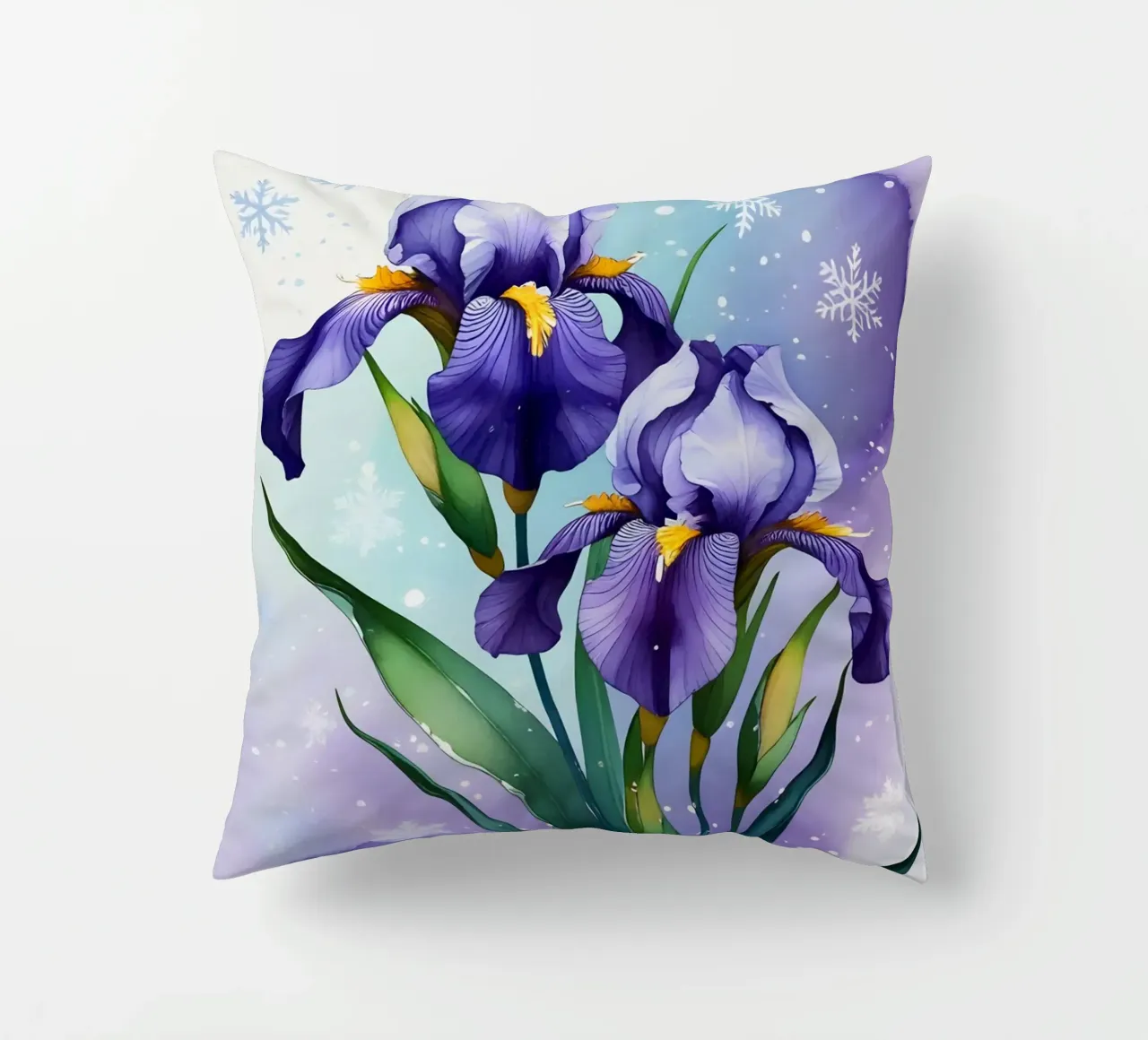 Pittura digitale di fiori di iris viola e fiocchi di neve cuscino da Bloom And Brush