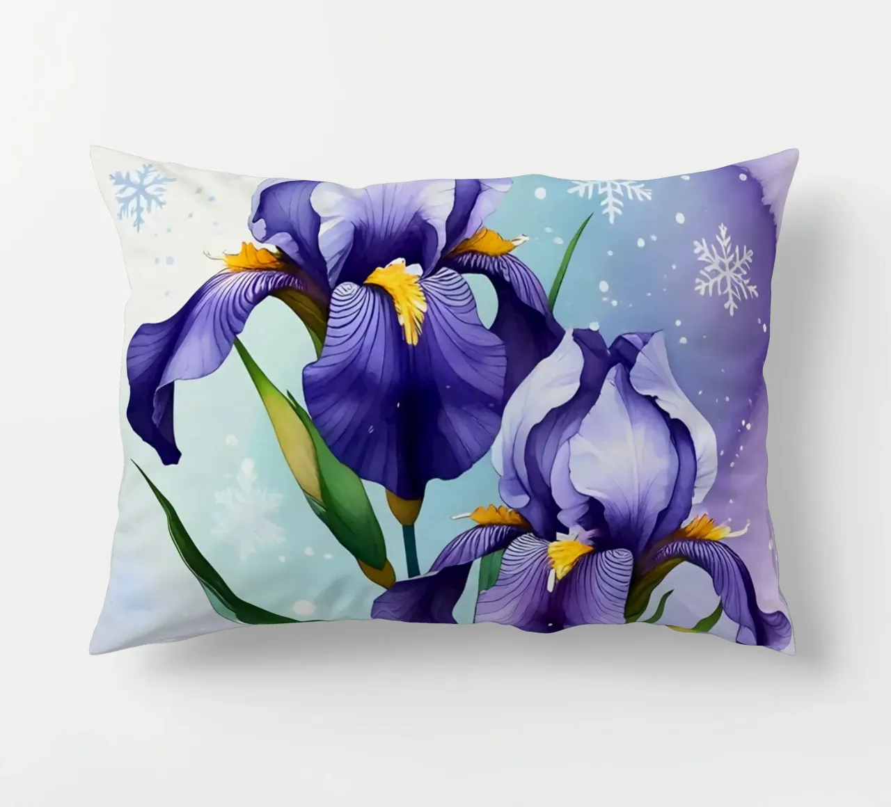 Pittura digitale di fiori di iris viola e fiocchi di neve cuscino da Bloom And Brush