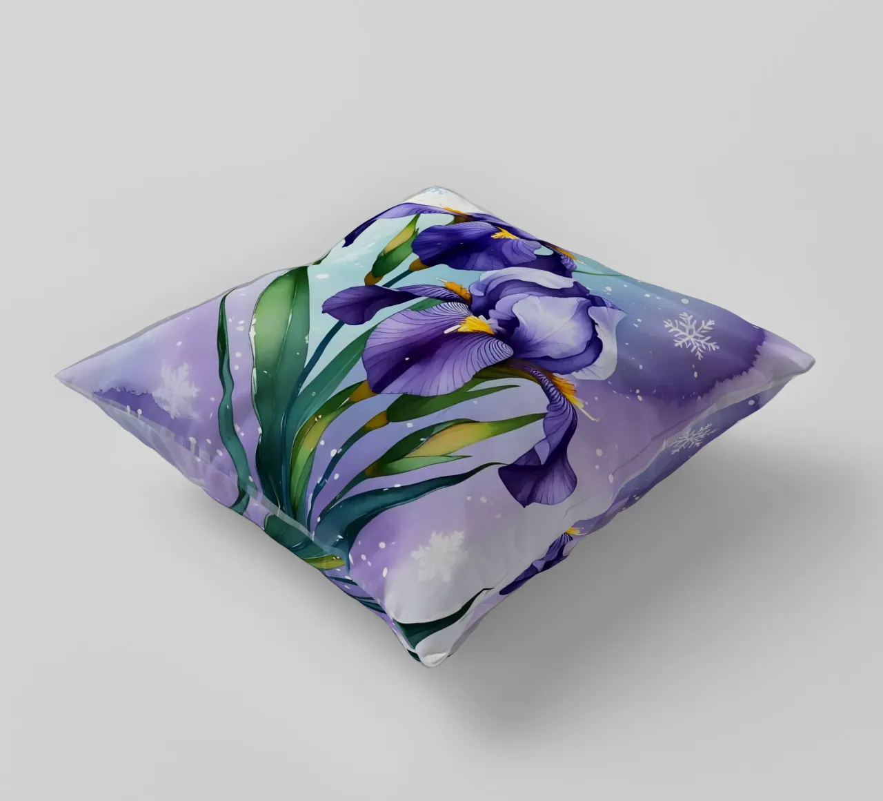 Pittura digitale di fiori di iris viola e fiocchi di neve cuscino da Bloom And Brush