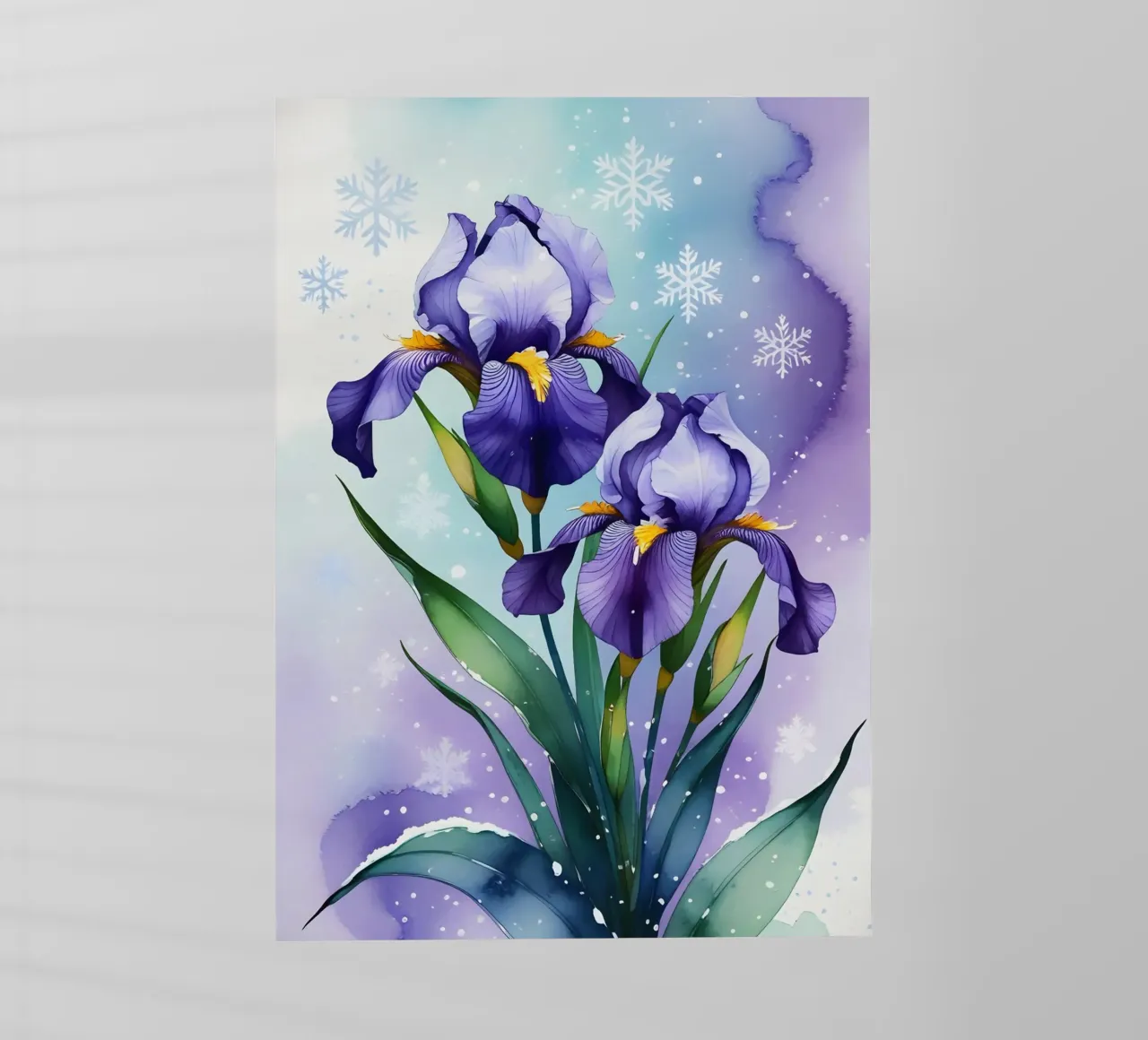 Pittura digitale di fiori di iris viola e fiocchi di neve pellicola backlit da Bloom And Brush