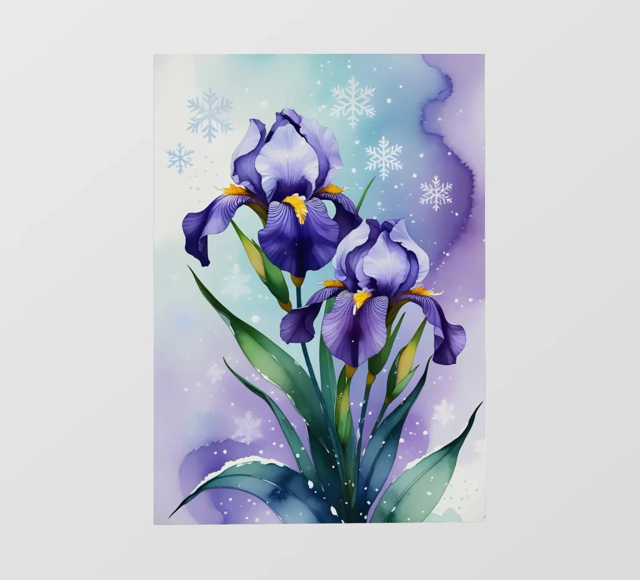 Pittura digitale di fiori di iris viola e fiocchi di neve pellicola backlit da Bloom And Brush