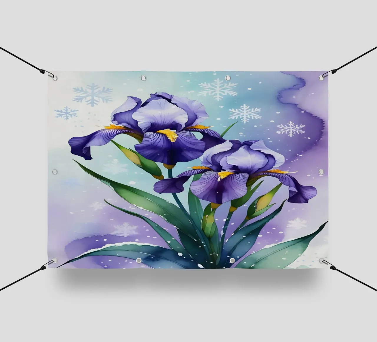 Pittura digitale di fiori di iris viola e fiocchi di neve telo in pvc da Bloom And Brush