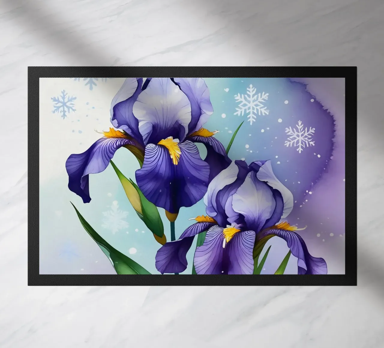 Pittura digitale di fiori di iris viola e fiocchi di neve zerbino da Bloom And Brush
