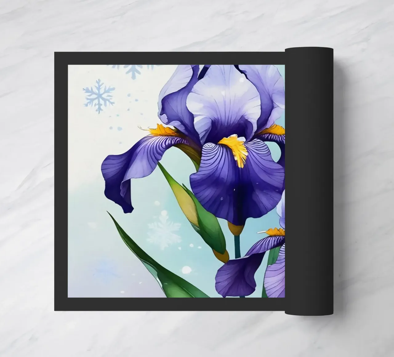 Pittura digitale di fiori di iris viola e fiocchi di neve zerbino da Bloom And Brush