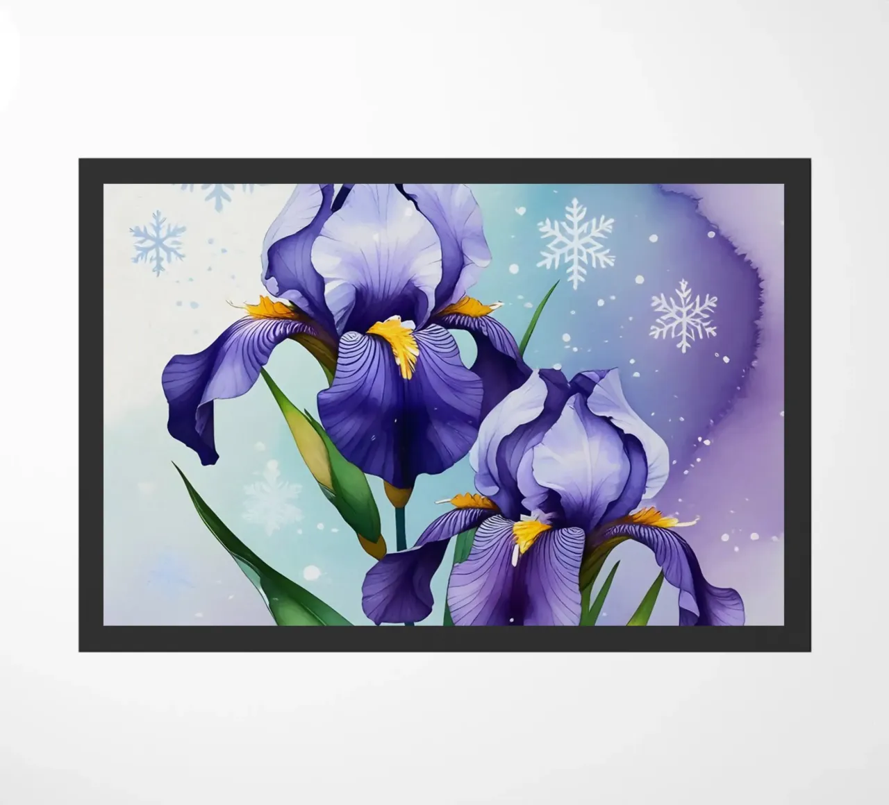Pittura digitale di fiori di iris viola e fiocchi di neve zerbino da Bloom And Brush