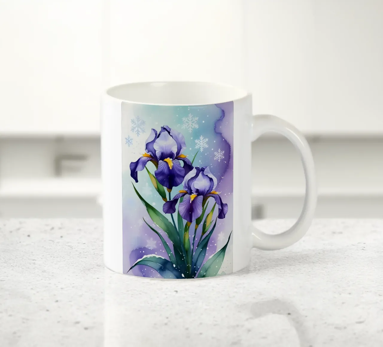 Pittura digitale di fiori di iris viola e fiocchi di neve tazza in ceramica da Bloom And Brush