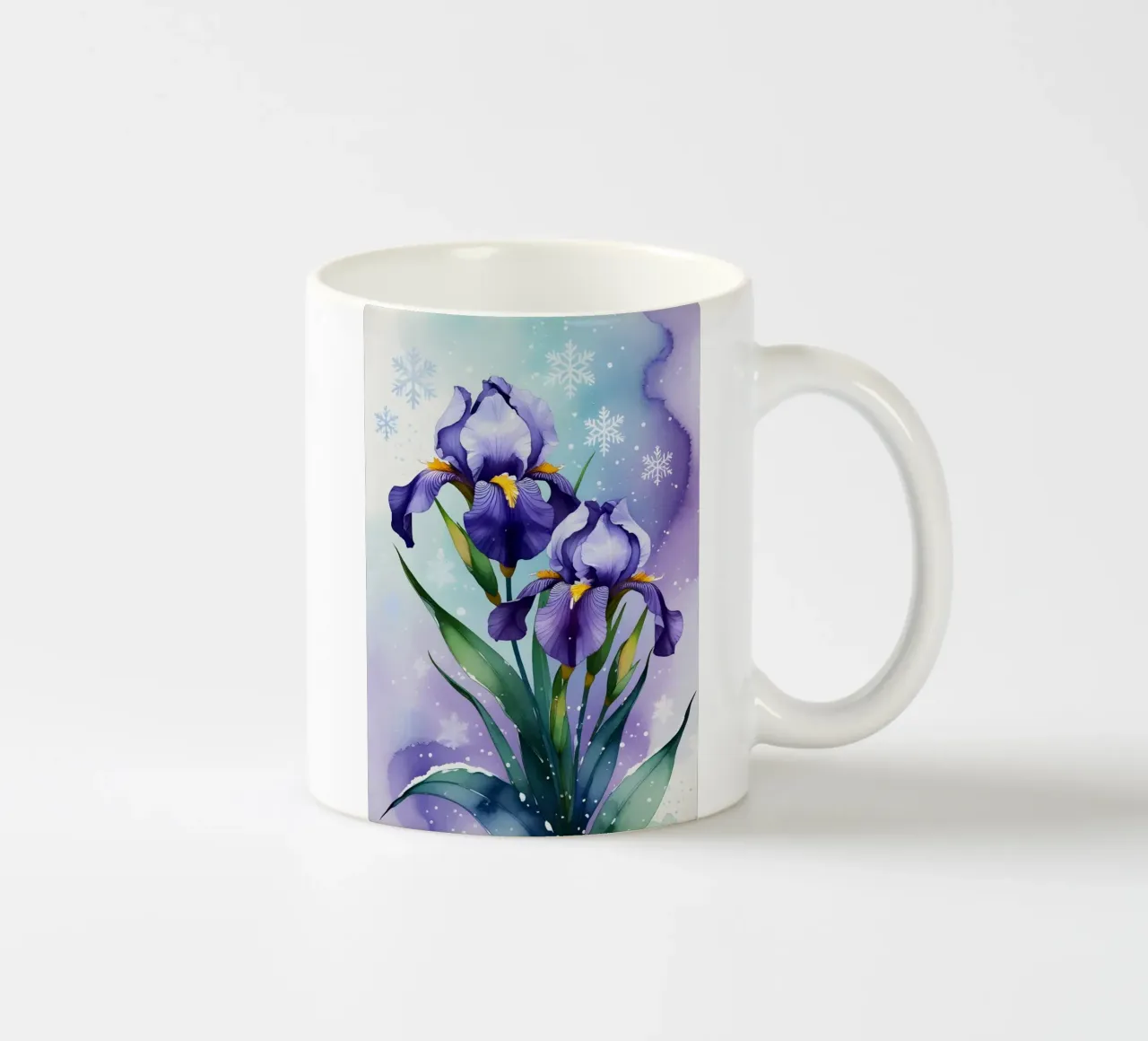 Pittura digitale di fiori di iris viola e fiocchi di neve tazza in ceramica da Bloom And Brush