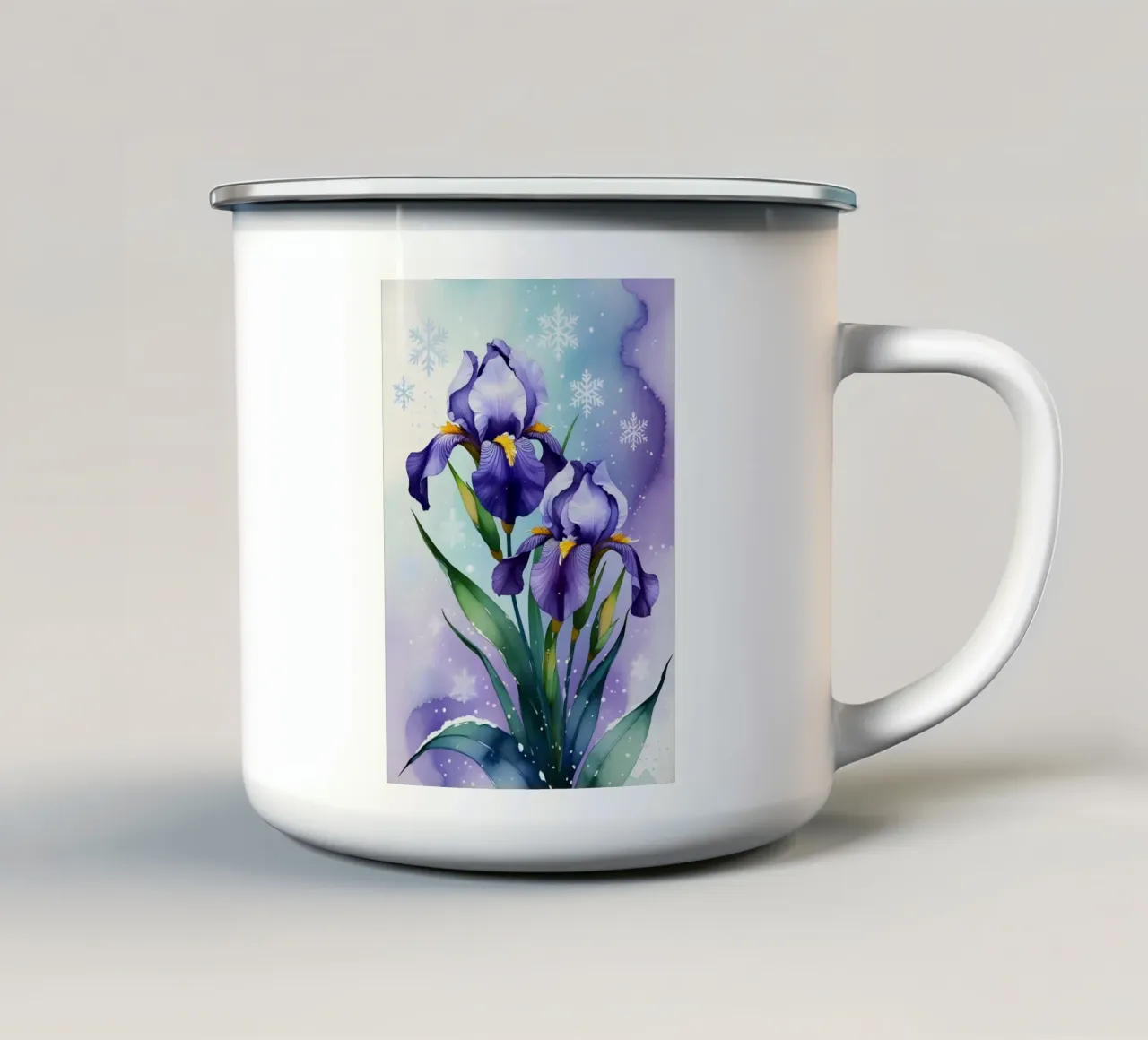Pittura digitale di fiori di iris viola e fiocchi di neve tazza in smalto da Bloom And Brush
