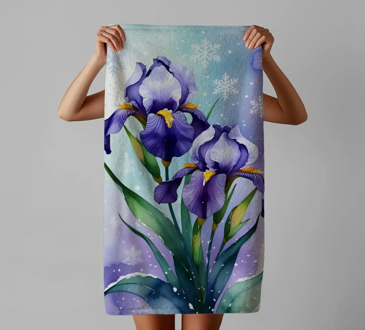 Pittura digitale di fiori di iris viola e fiocchi di neve asciugamano da bagno da Bloom And Brush