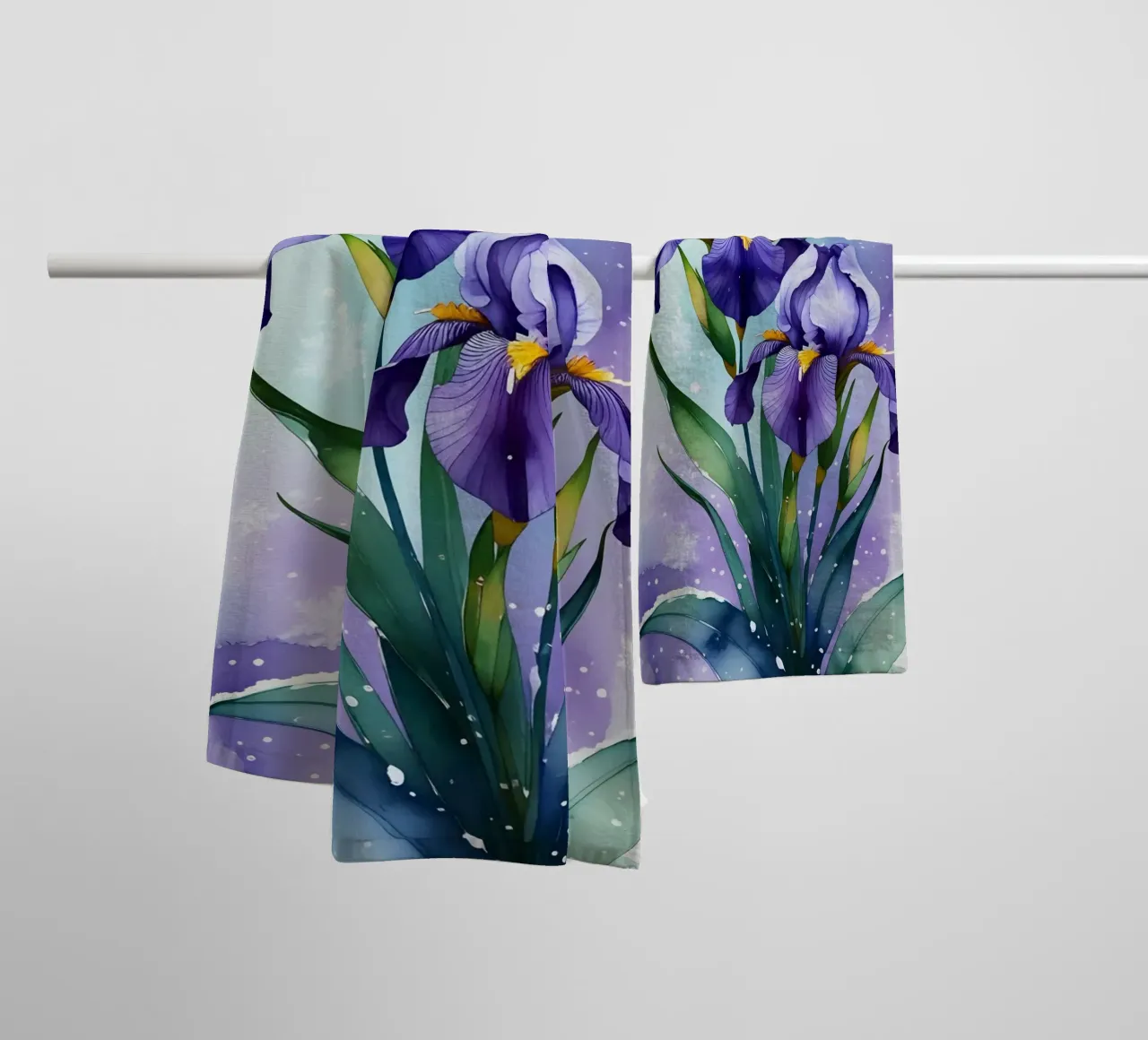 Pittura digitale di fiori di iris viola e fiocchi di neve asciugamano da bagno da Bloom And Brush