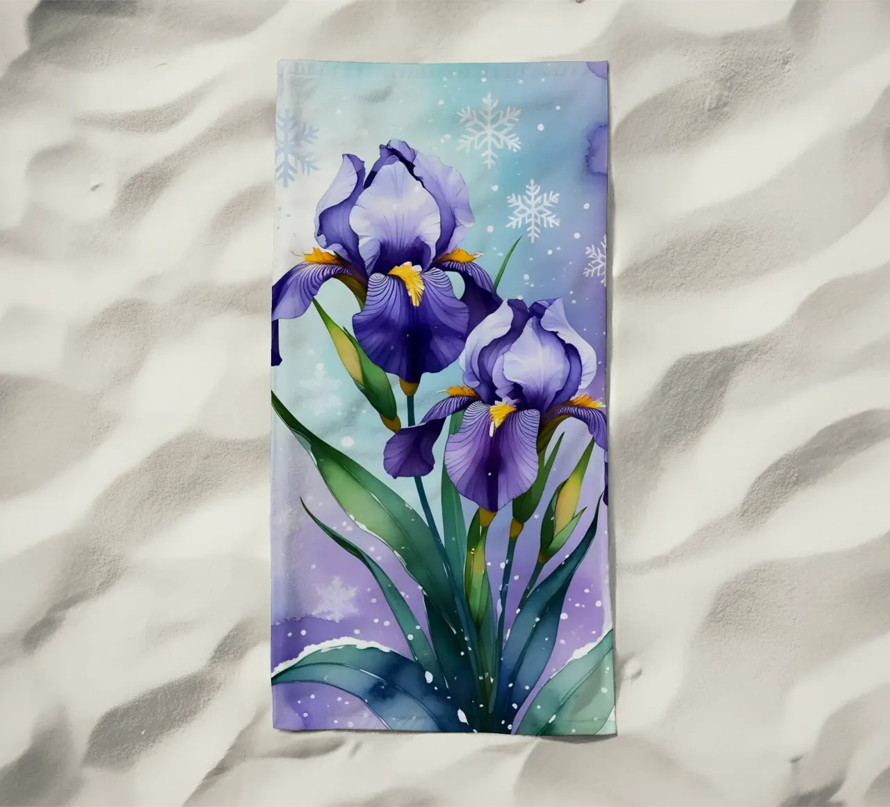 Pittura digitale di fiori di iris viola e fiocchi di neve telo mare da Bloom And Brush