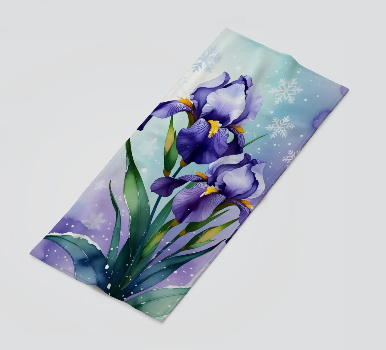 Pittura digitale di fiori di iris viola e fiocchi di neve telo mare da Bloom And Brush