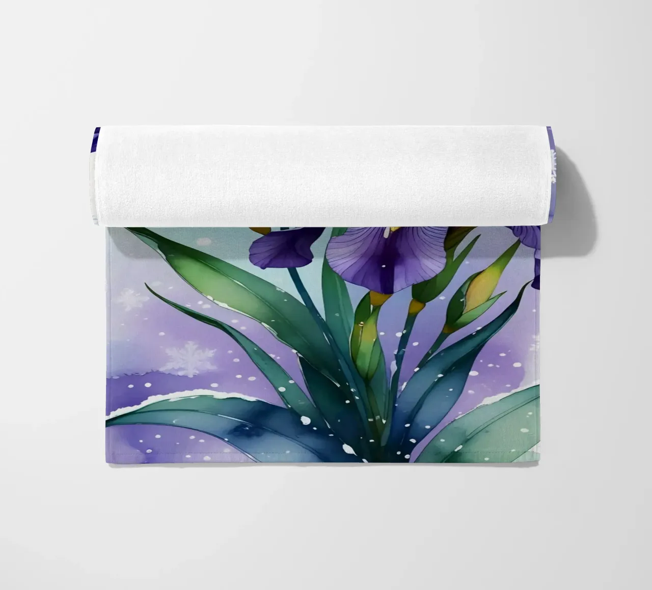 Pittura digitale di fiori di iris viola e fiocchi di neve telo mare da Bloom And Brush