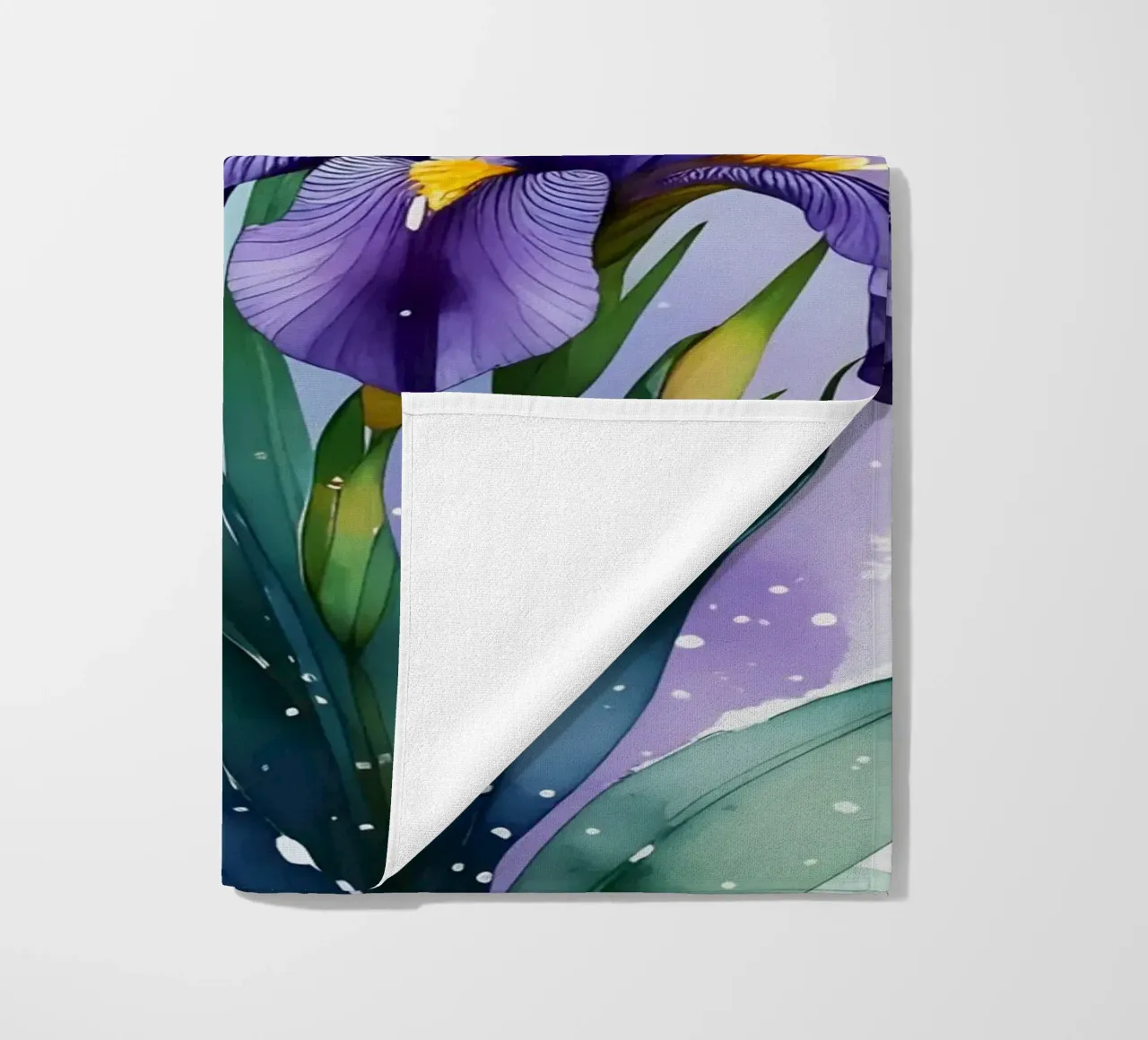 Pittura digitale di fiori di iris viola e fiocchi di neve telo mare da Bloom And Brush