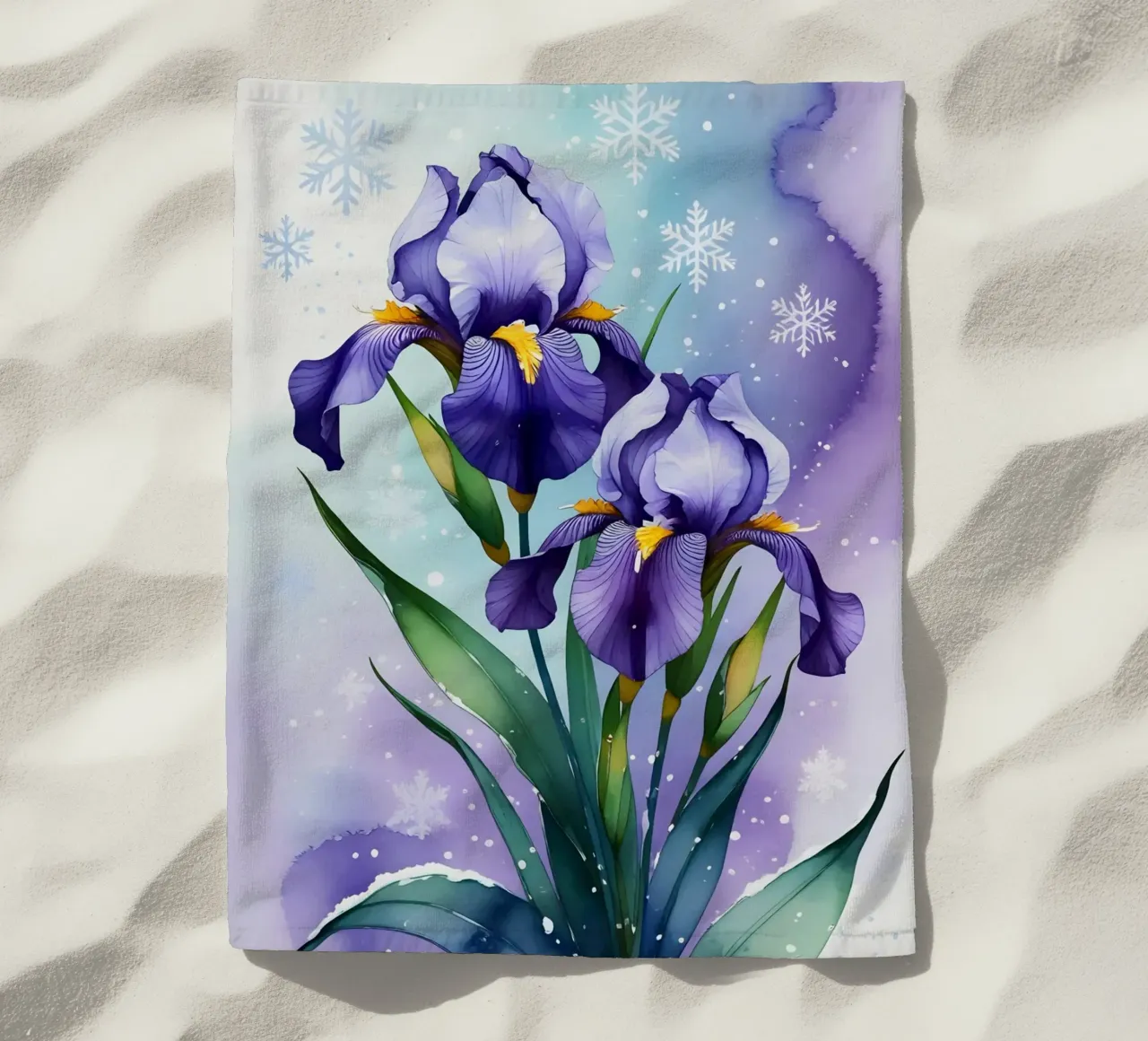 Pittura digitale di fiori di iris viola e fiocchi di neve telo mare da Bloom And Brush