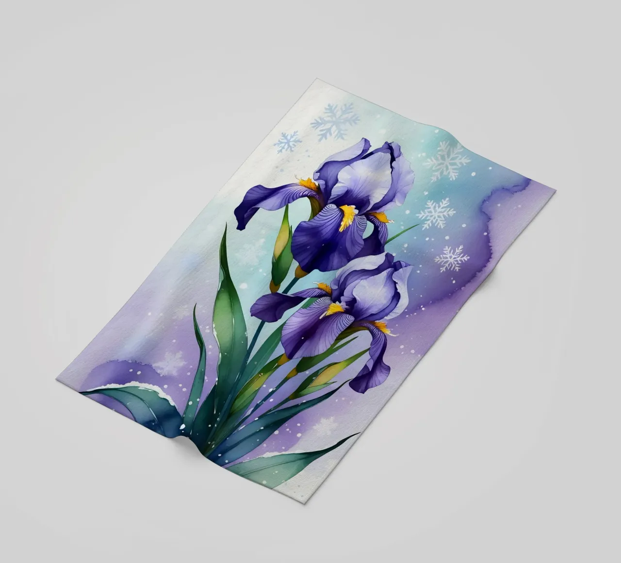 Pittura digitale di fiori di iris viola e fiocchi di neve telo mare da Bloom And Brush