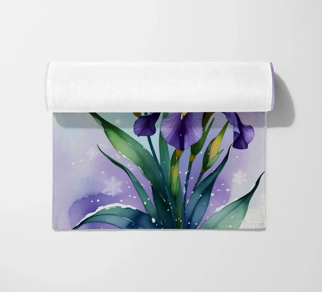 Pittura digitale di fiori di iris viola e fiocchi di neve telo mare da Bloom And Brush
