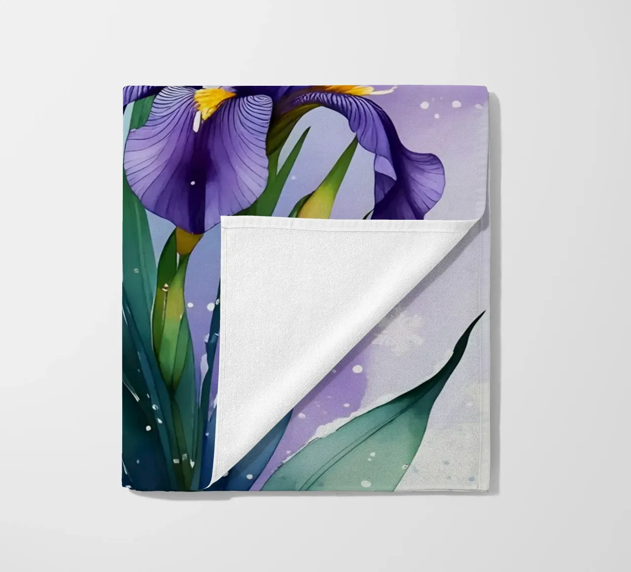 Pittura digitale di fiori di iris viola e fiocchi di neve telo mare da Bloom And Brush