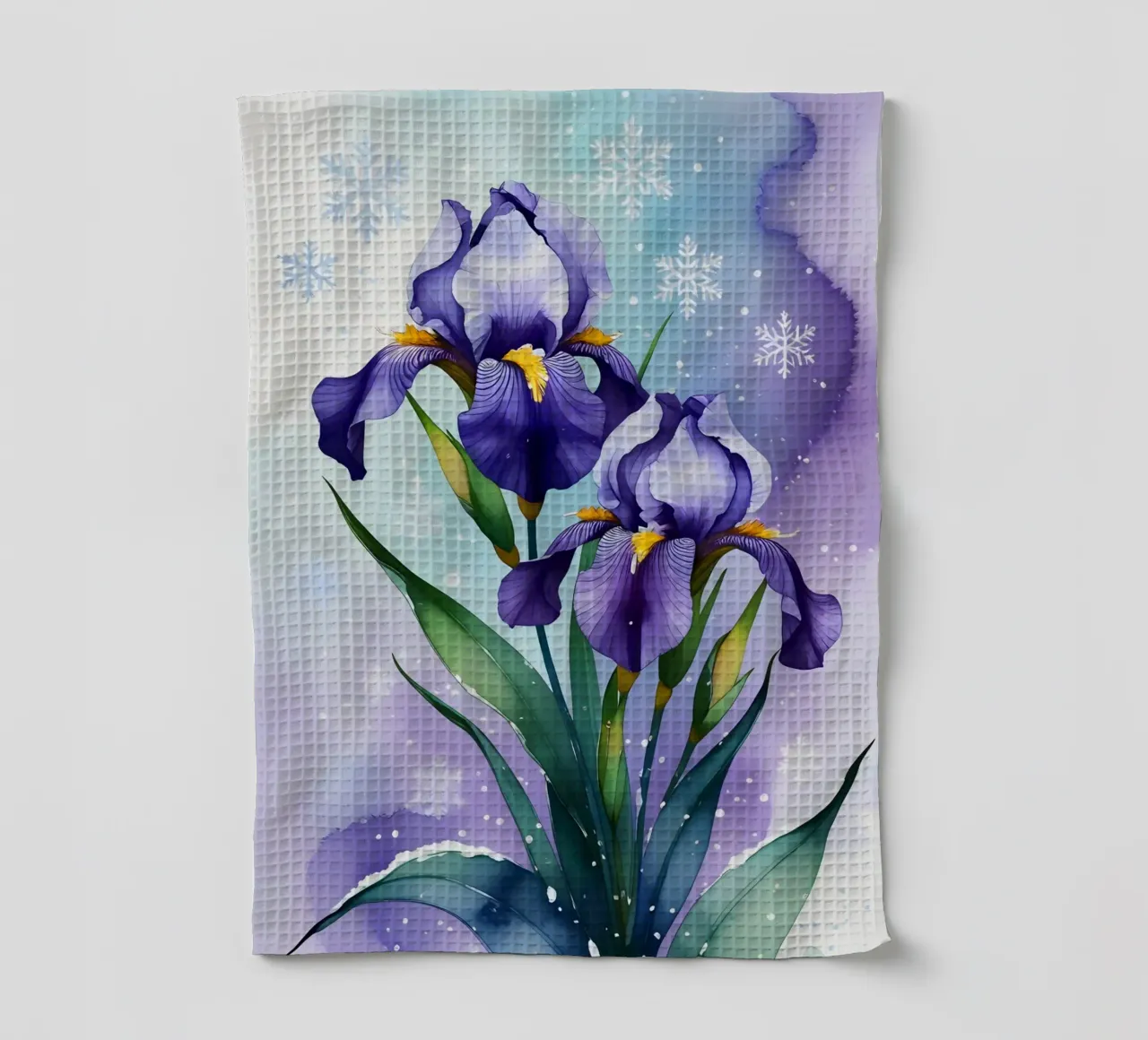 Pittura digitale di fiori di iris viola e fiocchi di neve canovaccio da cucina da Bloom And Brush