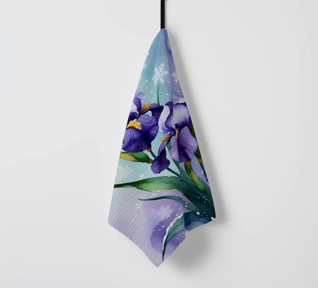 Pittura digitale di fiori di iris viola e fiocchi di neve canovaccio da cucina da Bloom And Brush