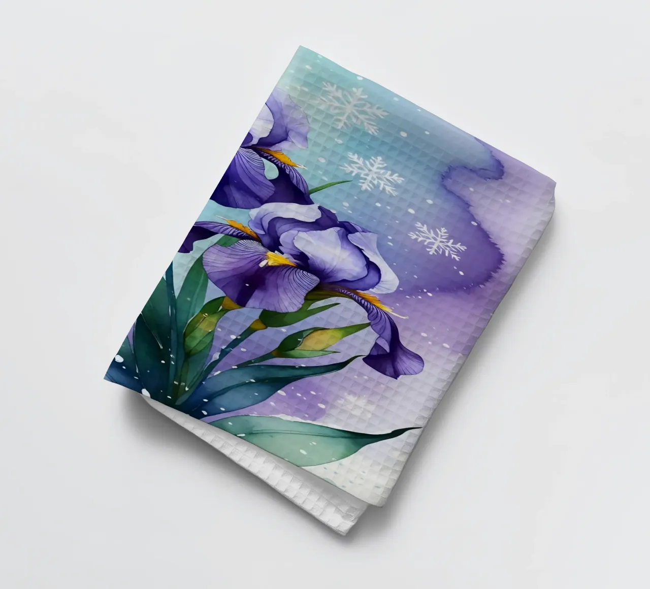 Pittura digitale di fiori di iris viola e fiocchi di neve canovaccio da cucina da Bloom And Brush