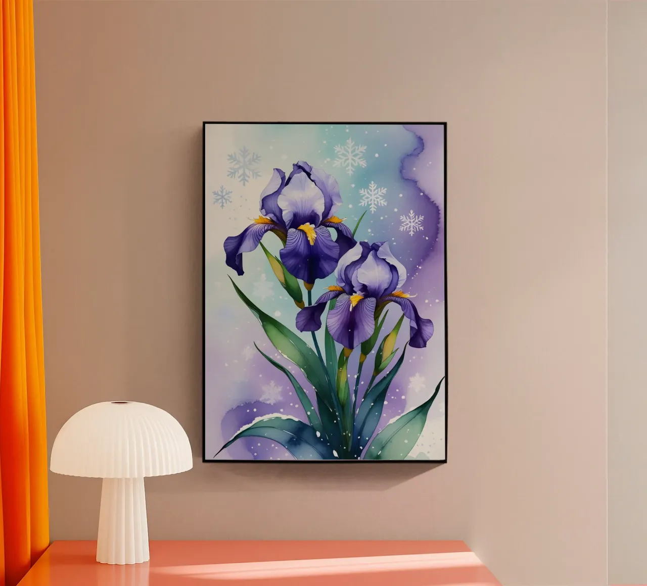Pittura digitale di fiori di iris viola e fiocchi di neve plexiglass da Bloom And Brush